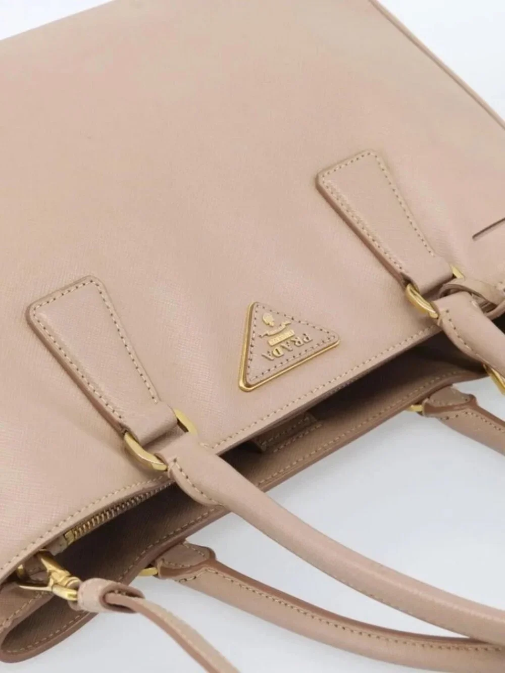 PRADA Hand Bag Safiano Leather 2way Beige Gold Auth